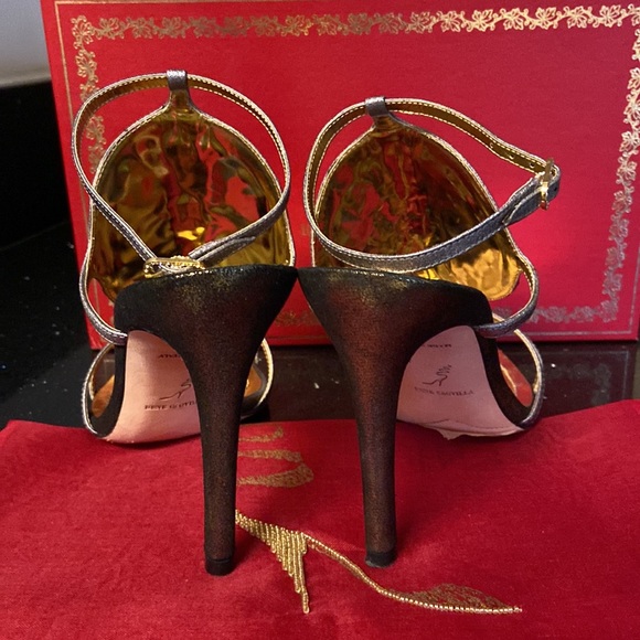 Rene Caovilla "Rosa" Black Sequin Medallions Gold & Platinum High Heel Sandals - Picture 8 of 16